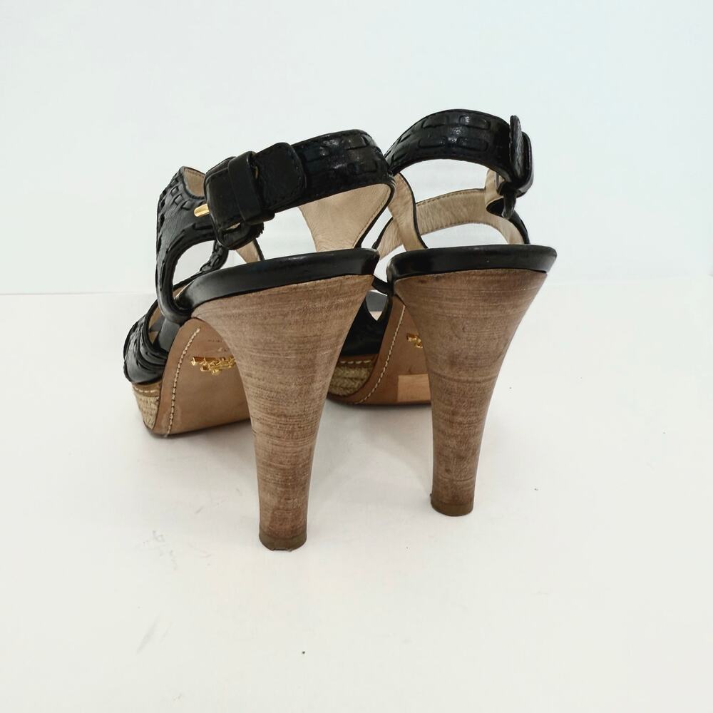 Prada Crisscross Platform Sandals Heels Black Leather Espadrille Platform 36.5 - Picture 7 of 12